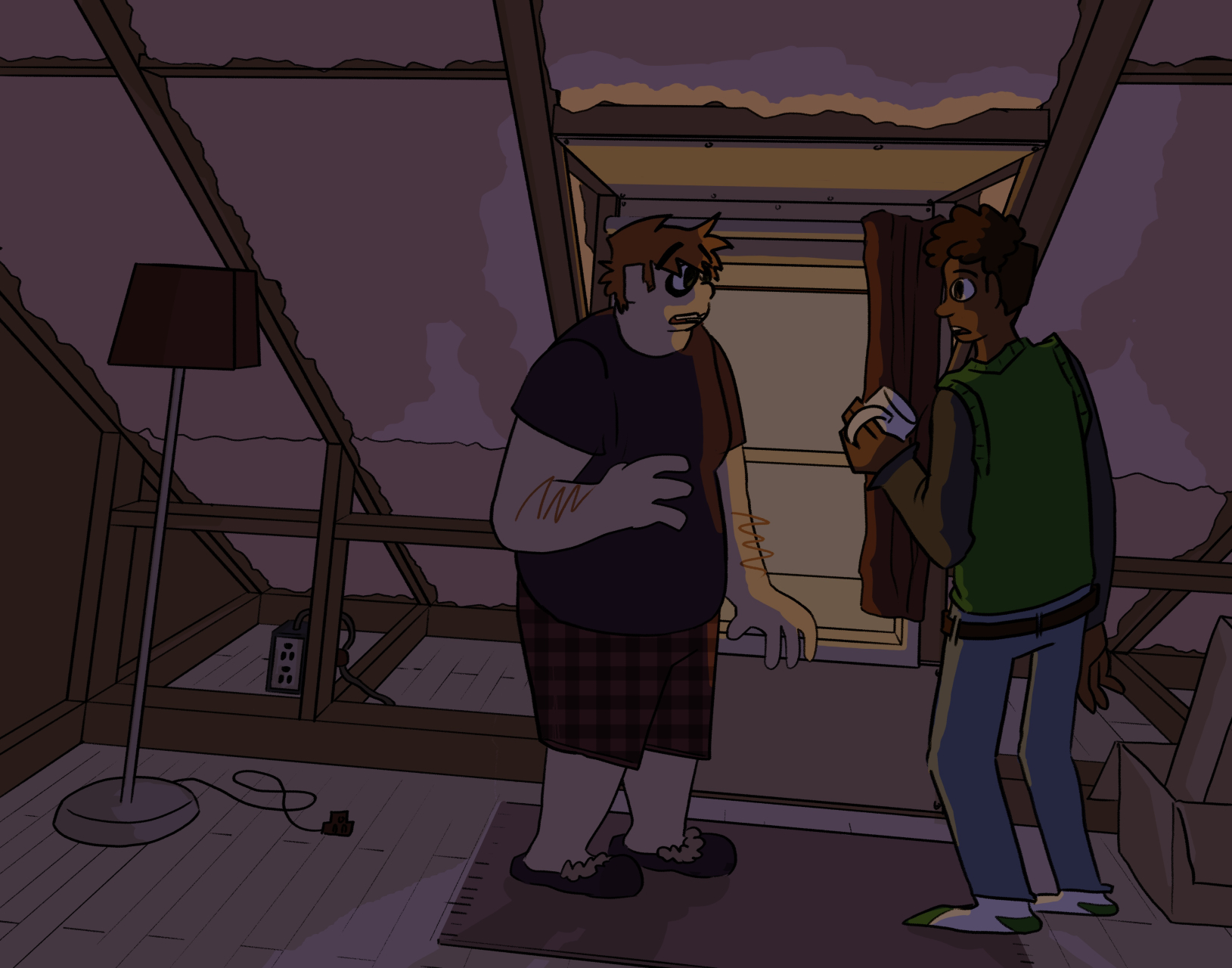 Illustration of two characters in an attic