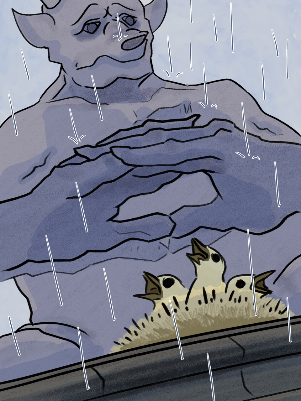 Illustration of a gargoyle shielding baby birds from the rain