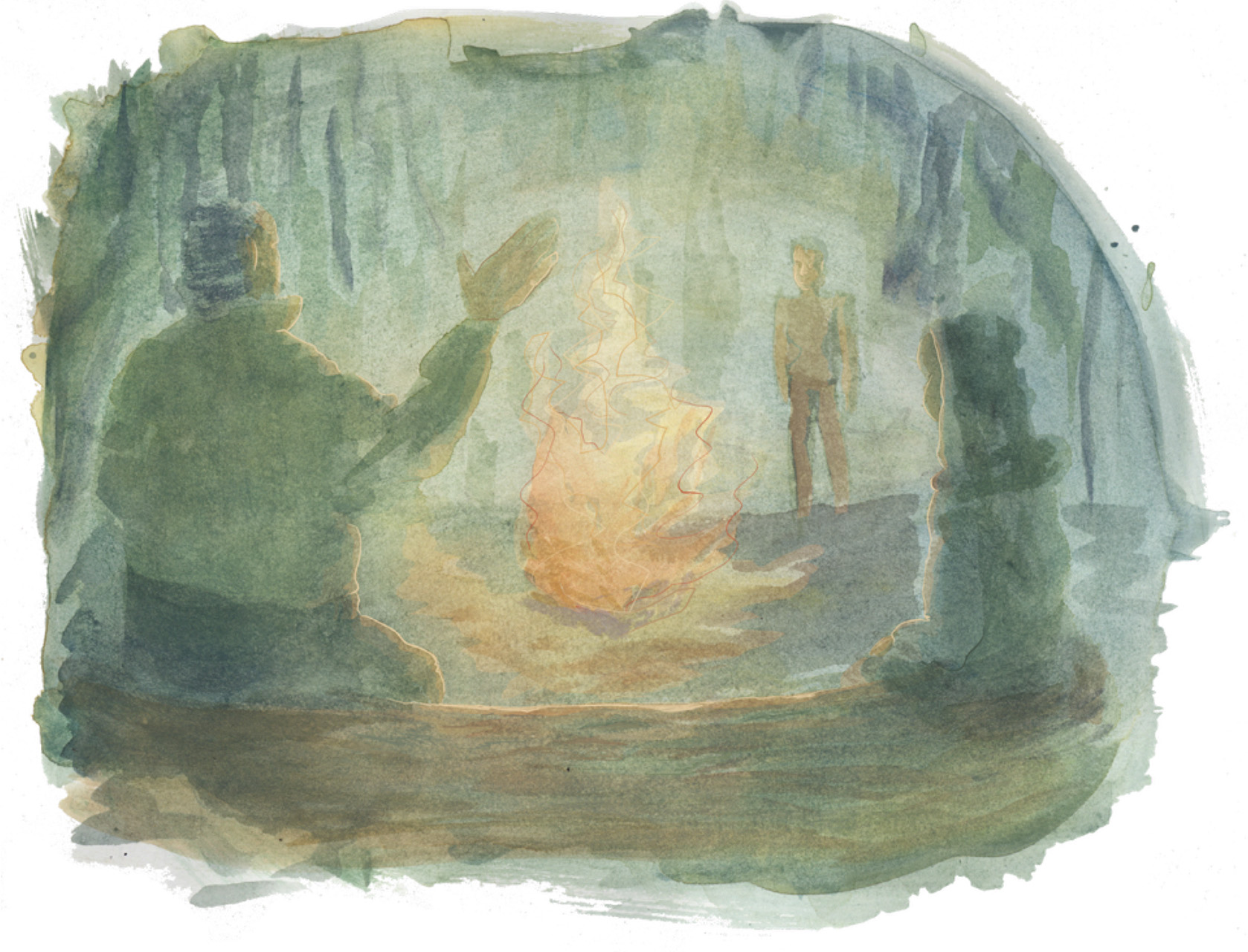 Painting of two figures sitting by a campfire as one of them waves to a third approaching figure.