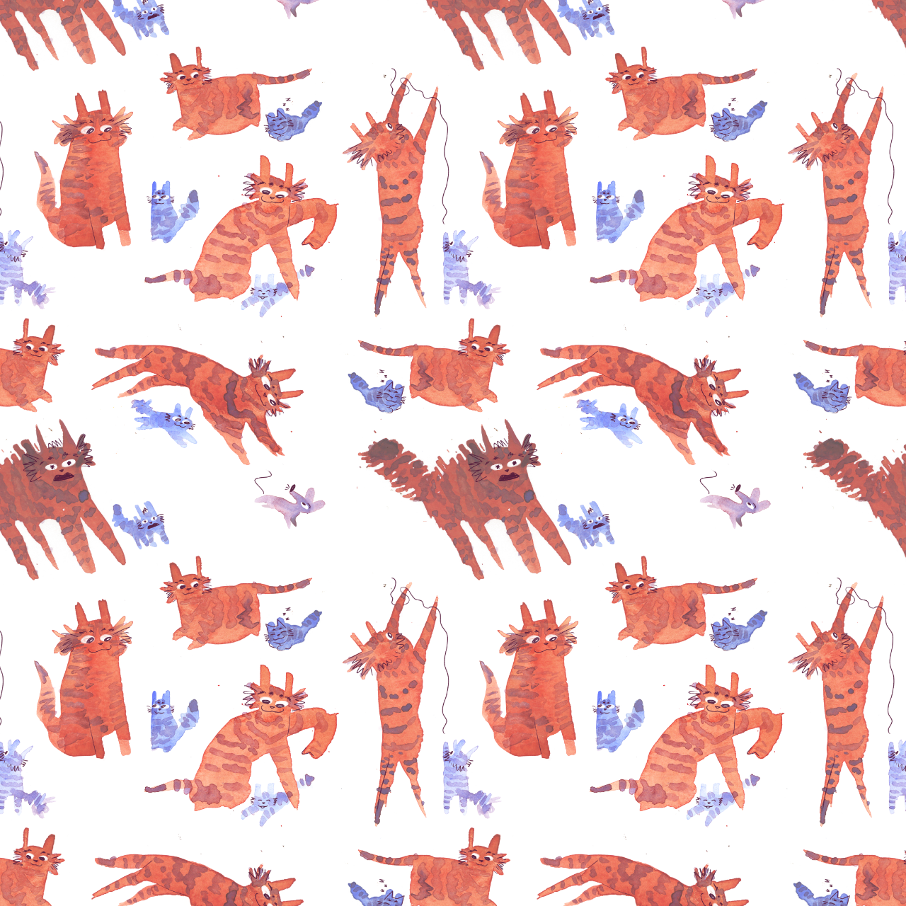 A repeating pattern of multiple illustrations of a red cat and blue kitten interacting