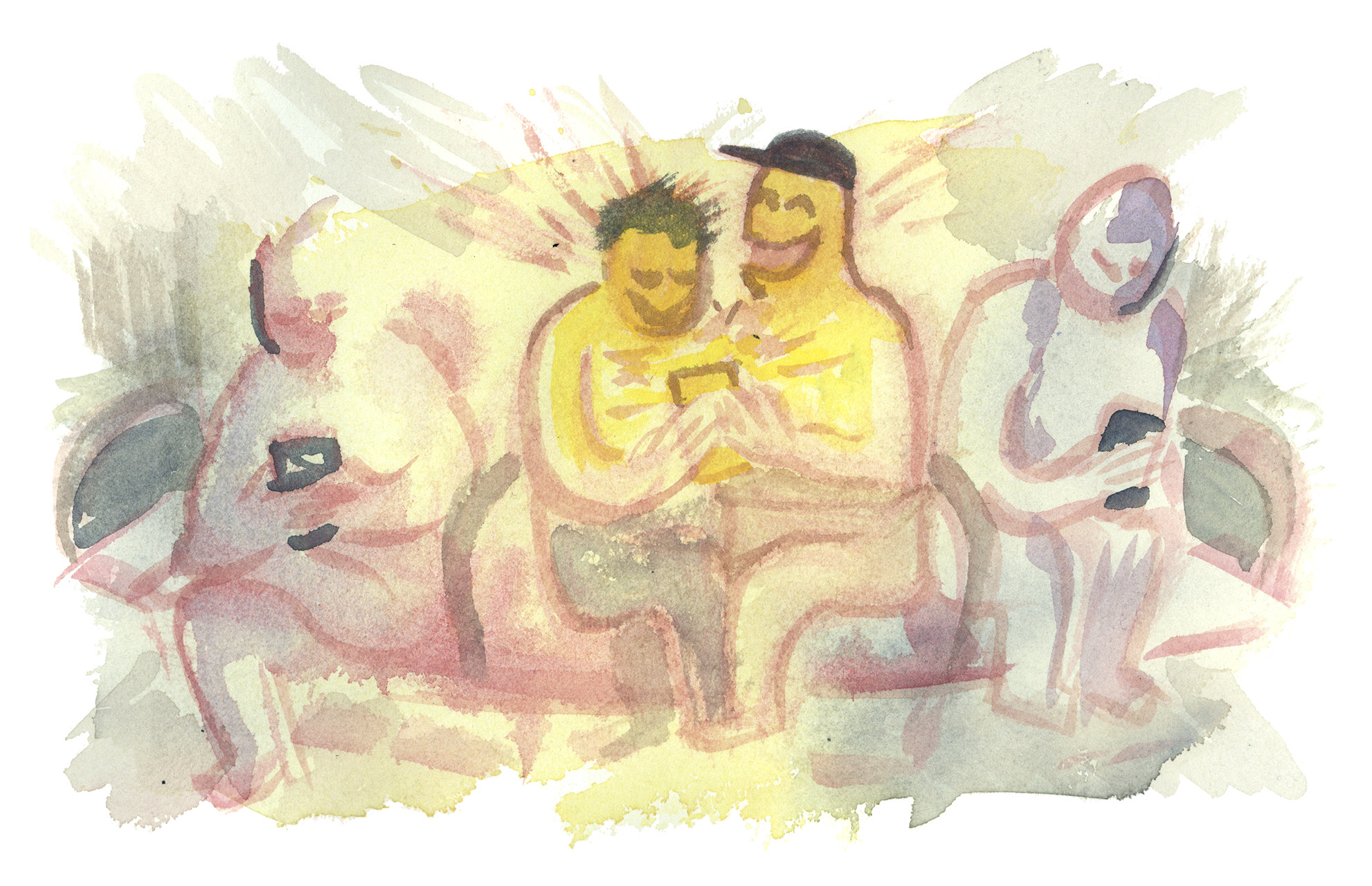 Illustration of two figures sitting beside each other, holding the same phone and laughing