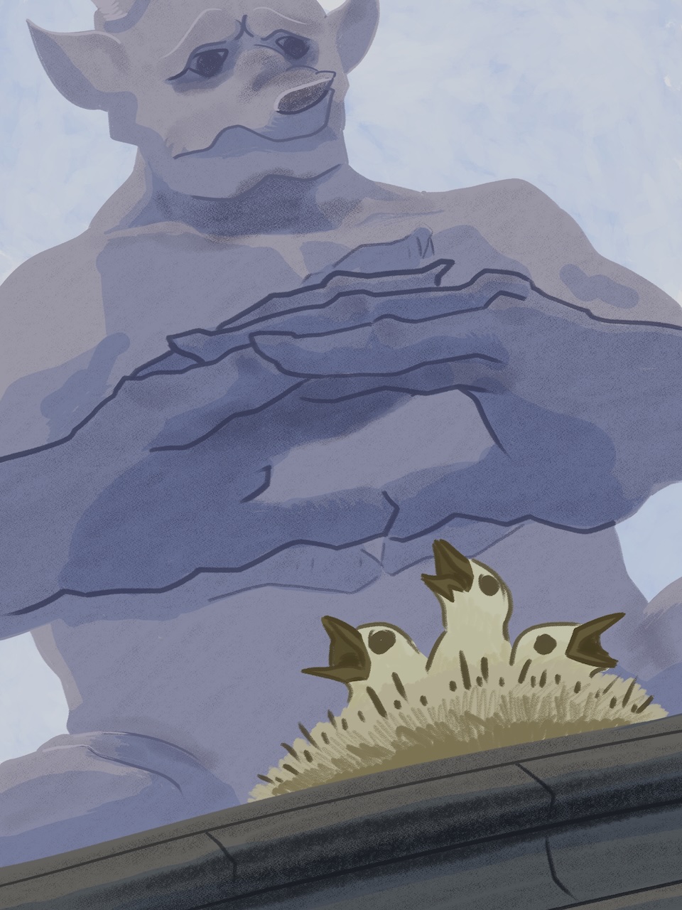 Illustration of a gargoyle shielding baby birds from the rain