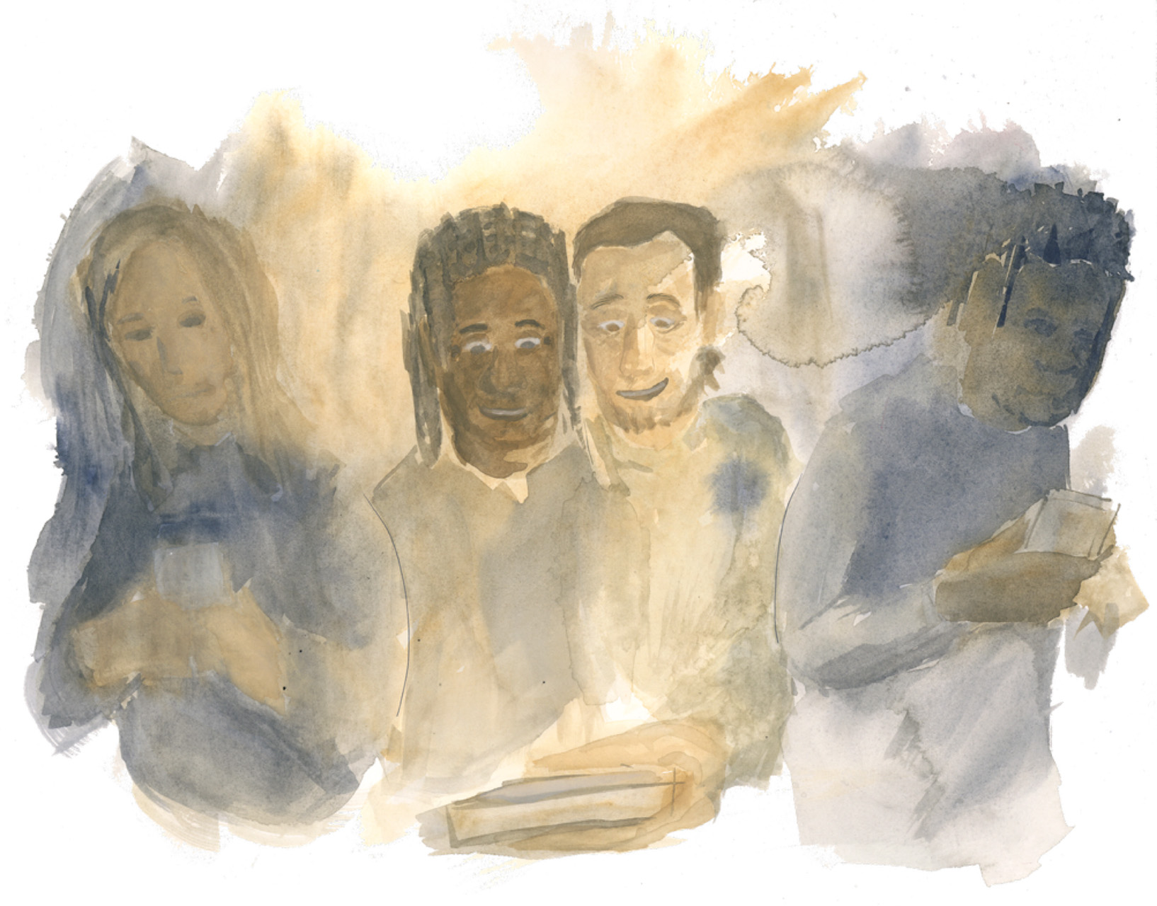 Painting of two figures laughing at something on the phone