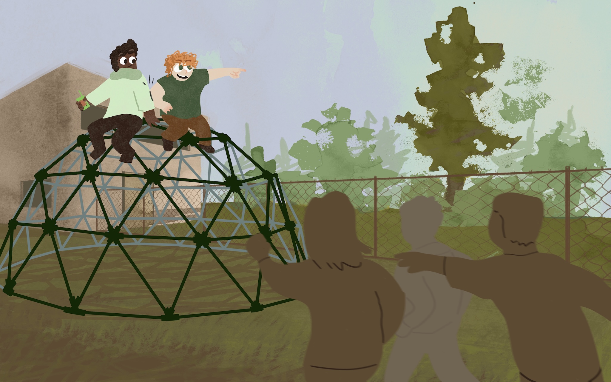 Illustration of two children sitting on top of tall playground equipment, one of them pointing to a tree in the distance
