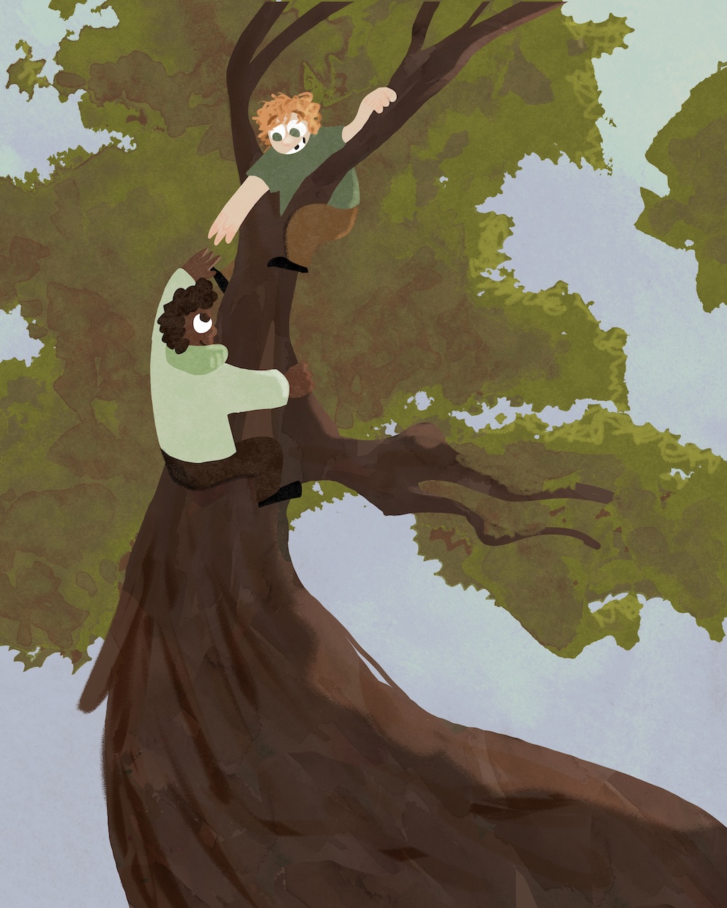 Illustration of two children scaling a tree, reaching for each other's hands