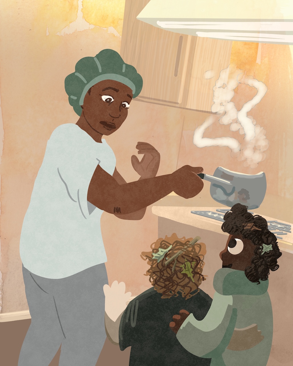 Illustration of two children with leaves in their hair, one of them introducing the other to his surprised mother