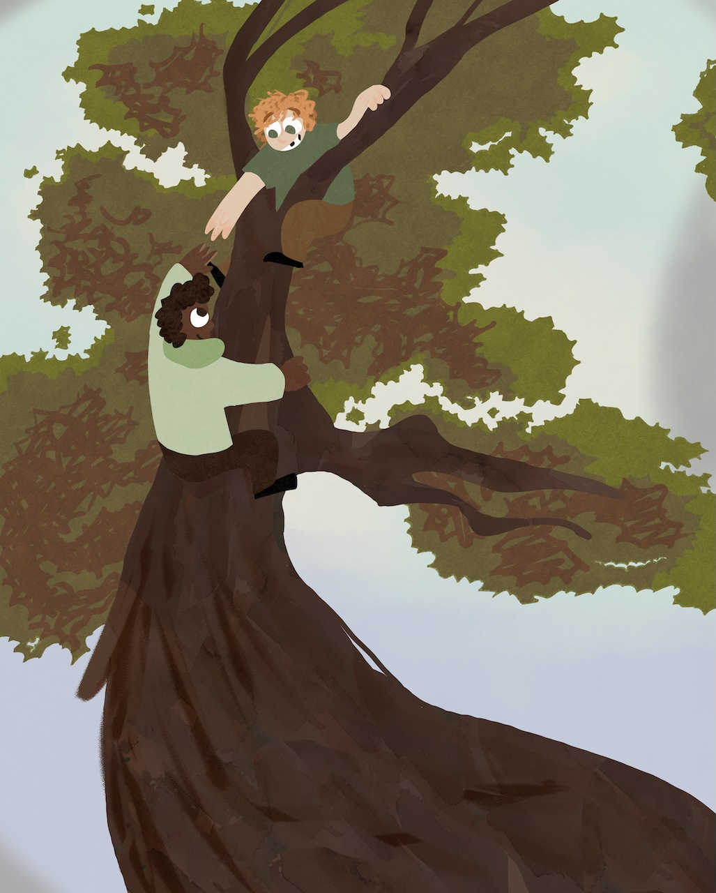Illustration of two children scaling a tree, reaching for each other's hands