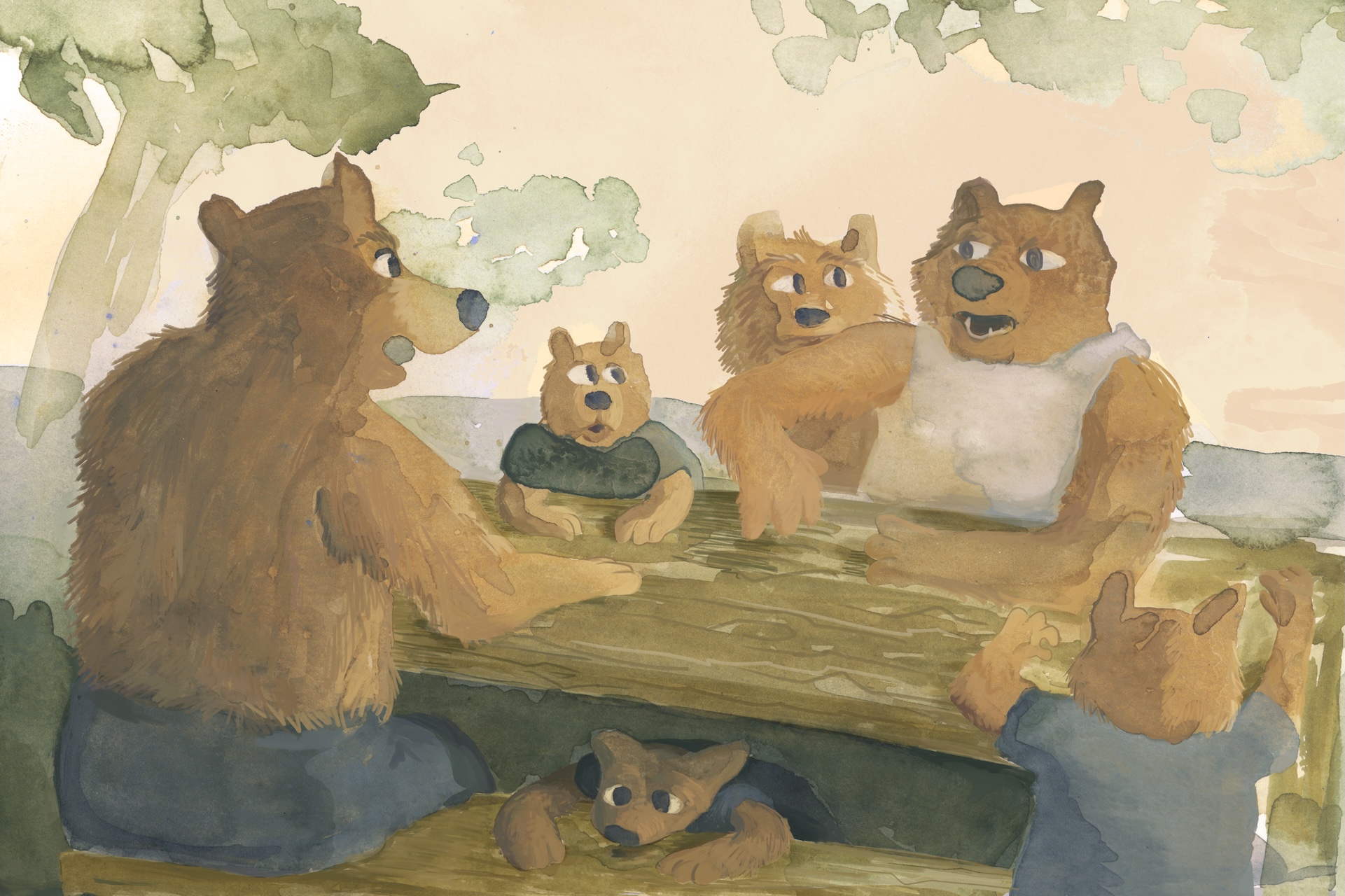 Painting of a family of brown bears arguing at an empty picnic table