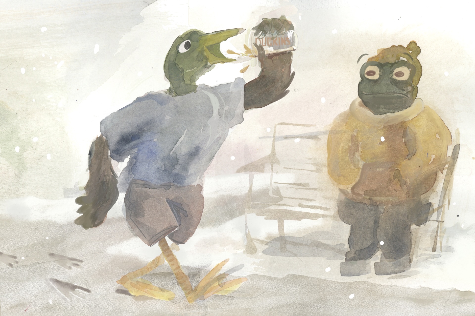 Painting of a duck in shorts and a t-shirt drinking iced coffee walking by a frog with a hoodie and beanie as snow falls
