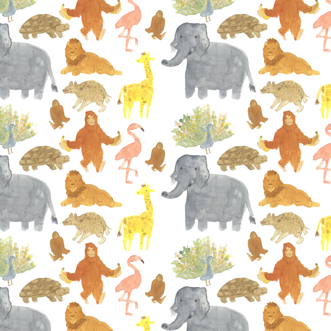 A repeating pattern of various illustrations of zoo animals